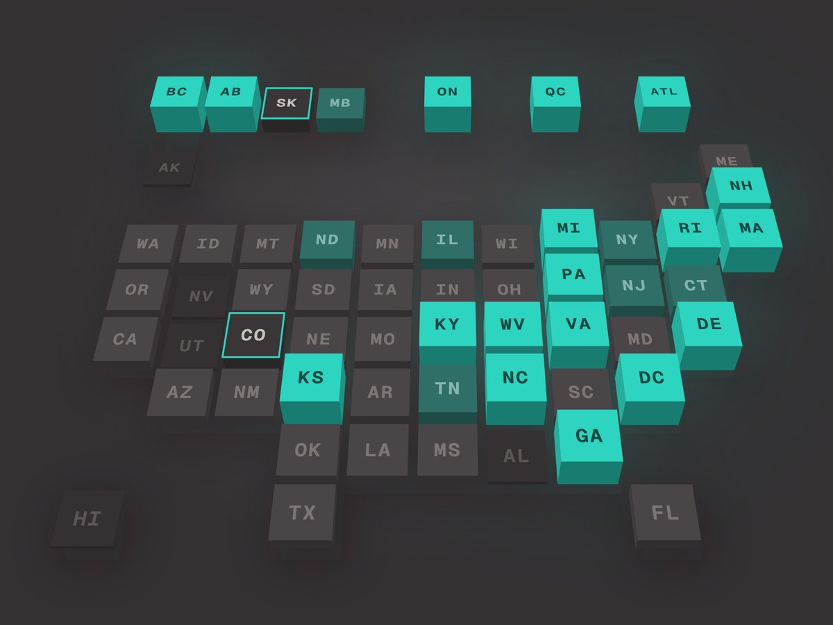 The iLottery Atlas map of North America. States and provinces that sell eInstants online are raised in teal.